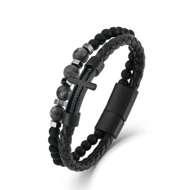 Imagem de FYNSBLE Pulseira masculina preta cruzada, cruz cristã, olho de tigre natural, turquesa, lápis-lazúli/obsidiana cinza, pulseira de couro trançado para homens, pai, com fecho de aço inoxidável, 8.66 IN