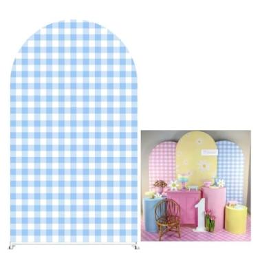 Imagem de KONPON Capas de tecido elástico xadrez azul e branco para festas descoladas, tema margarida, suporte arqueado, lembrancinhas de chá de bebê (apenas capa)