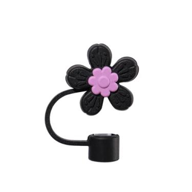 Imagem de Capa de palha de silicone de flores roxas pretas para tampas de palha de 10 mm para acessórios de copo Stanley, lindo topo de palha para copos tampa de palha para tampas de ponta de canudos