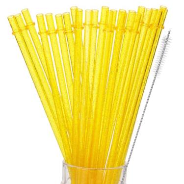 Imagem de 24 canudos de plástico reutilizáveis, cores puras, copo duro de 28 cm de comprimento com escova de limpeza - amarelo