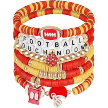 Imagem de KLSKLYL 【Conjunto de 8 peças de pulseiras Super Bowl】 Pulseiras com tema esportivo para dia de jogo – Conjunto de miçangas unissex de futebol, basquete, vôlei e beisebol, One Size, Argila de polímero