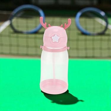 Imagem de 1 pç garrafa de água tira chifre copo de palha com adesivo 580ml PP PC silicone rosa 22 x 9 x 8 cm