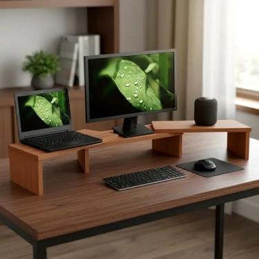 Imagem de Suporte de Mesa Base Elevada Ajustável 3 Monitores Gamer Notebook Madeira Natural