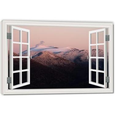 Imagem de Impressão em tela de ilusão de janela falsa levemente vermelha, arte de parede com vista panorâmica real para sala de estar 80 x 120 cm emoldurada