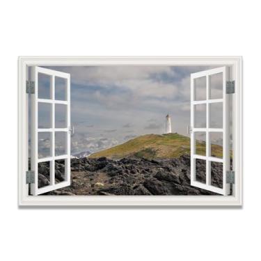 Imagem de LKXGRRSFG Impressão em tela de janela falsa The Lighthouse In The DistanceImmersive, arte de parede cênica virtual para decoração de sala de estar 39,9 x 59,9 cm sem moldura