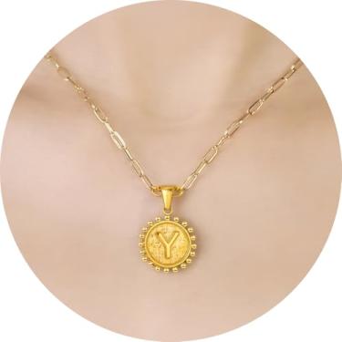 Imagem de Colar com inicial para mulheres, colar com pingente de letra, corrente de clipe de papel, joia de monograma, moeda do alfabeto, pronto em camadas, 14+2in, Aço inoxidável, Sem Pedra Preciosa