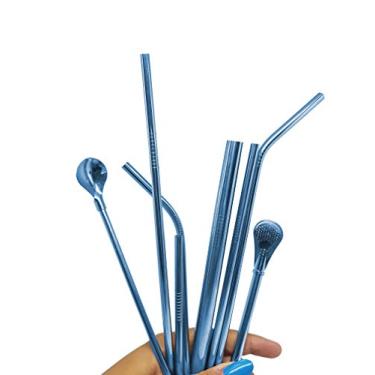 Imagem de Kit Completo 10 em 1 – Canudos de Inox Reutilizáveis com Escova, Estojo e Modelos Variados | Perfeito para Smoothies, Sucos e Drinks (Azul)