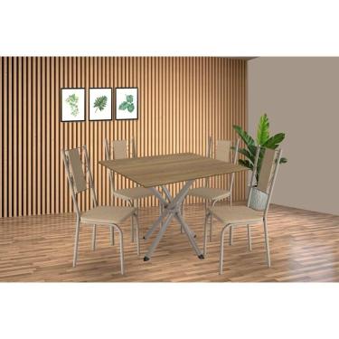 Imagem de Conjunto: Mesa Sala Jantar Volga C- Tampo De Madeira 90cm E 4 Cadeiras Lisboa Niquel-nogueira - Bege - Kappesberg