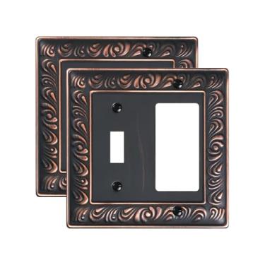 Imagem de TREEWELL Pacote com 2 placas de cobertura para interruptores de luz decorativos, placa decorativa de tomada de parede com padrão paisley, tampas de tomada elétrica bronze envelhecido, placas de