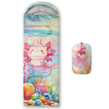 Imagem de QOOMO Sacos de dormir Kawaii Axolotl estampados, 3 estações, clima quente e frio, leve, sacos de dormir à prova d'água para adultos e crianças, viagens e ao ar livre, equipamentos de acampamento