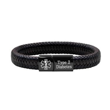 Imagem de Oneress Pulseira de alerta médico para homens e mulheres, pulseira preta com fecho de aço inoxidável para identificação de emergência, pulseira de couro PU com informações de saúde YA5551, Silicone
