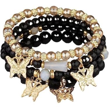 Imagem de Pulseiras femininas modernas de borboletas elásticas com contas hipoalergênicas empilháveis acessórios de moda joias presentes, One Size, liga metálica, Sem Pedra Preciosa