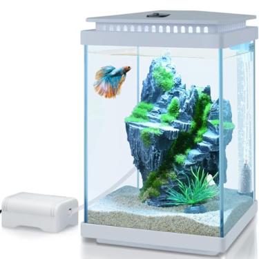 Imagem de FEDOUR Aquário de vidro pequeno, aquário de mesa de 1 galão, tanque de peixes Betta, kit inicial de mini aquário com bomba de ar decoração de luz LED rede de peixes trocador de água (branco)