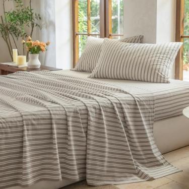 Imagem de BESTDESIL Jogo de cama listrado com 4 peças, 100% algodão lavado, 1 lençol com elástico, 1 lençol de cima e 2 fronhas, conjunto de lençóis texturizados confortáveis (listra-linho cinza/branco, Queen)