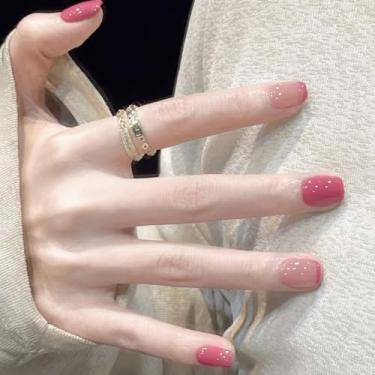 Imagem de Unhas curtas quadradas com cola falsa vermelha rosa clara com design simples, cobertura completa, bastão falso artificial em unhas de acrílico para uso diário, 24 peças