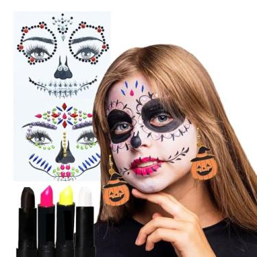 Imagem de Kit Festa Halloween Maquiagem: 1 Batom Preto + 1 Branco + 2 Neon + 2 Cartelas Face Jewels + 1 Par Brinco Divertido