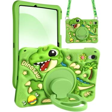 Imagem de Boaretiu Capa para Galaxy Tab S10 FE/ S9 FE - Dinossauro verde legal para meninos e meninas, crianças, desenho animado fofo de silicone macio com alça de ombro e proteção de suporte giratório para