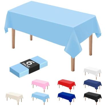 Imagem de DaiUni 6 peças de toalhas de mesa descartáveis de plástico azul claro para festas 137 x 274 cm, toalhas de mesa retangulares de plástico para festas