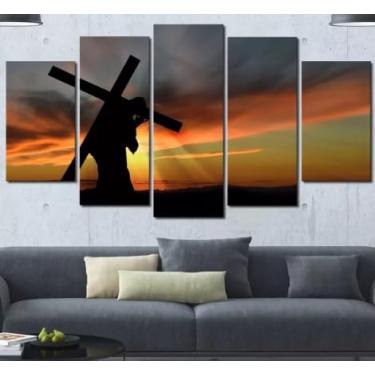 Imagem de Conjunto de 5 Quadros Decorativos com Tema A Cruz e o Pôr do Sol de Cristo - Arte de Parede, Paisagem Religiosa para Sala ou Quarto, Elegância e Espiritualidade no Ambiente