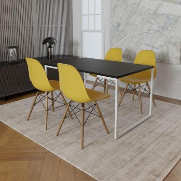 Imagem de Mesa Industrial Base Ferro Branco 137X90 Tampo Preto 4 Cadeiras Eiffel Madeira Assento Amarelo