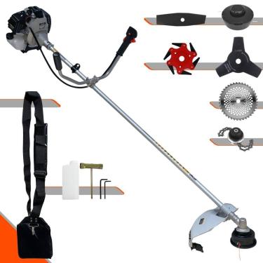 Imagem de Roçadeira À Gasolina Toyama TBC43H 43cc 1,7HP Alta Rotação Com Cabeçote de Nylon + Facas 2 Pontas, 3 Pontas, 6 Pontas, 40 Dentes de Vídea e Trimmer