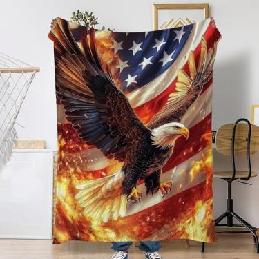 Imagem de Cobertor de sofá de águia careca, bandeira americana, macio, aconchegante e leve para viagem, cobertor de lã de flanela para sofá, cama, acampamento, noites de cinema, assistir TV 127 x 152 cm