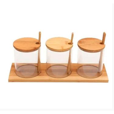 Imagem de Kit 3 Potes De Vidro Com Colher E Suporte De Bambu - Jolitex