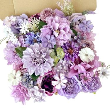 Imagem de Conjunto de caixa de flores artificiais roxas empoeiradas rosas de seda dália com hastes lilás lavanda faça você mesmo buquês de casamento casamento arranjos florais falsos arranjos florais para chá
