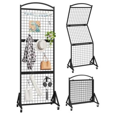 Imagem de CHOEZON Painel de parede de grade dobrável 4 cm x 14 cm, suporte de exibição de parede móvel para grade, suporte de grade de arame sobre rodas, suporte de exibição de varejo, com 4 ganchos em forma de