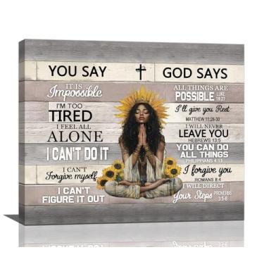 Imagem de Arte de parede afro-americana, decoração de parede com imagens de mulheres negras, impressões em tela de meninas negras, pintura Deus diz que você é cristão, arte de parede inspiradora em versículo da