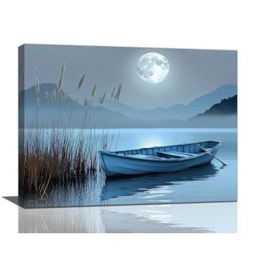 Imagem de Trimety Arte de parede costeira de praia náutica decoração de parede barco oceano decoração de parede azul lua noturna pôster imagens sinal decoração de casa impressão pintura arte para banheiro