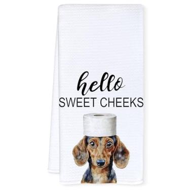 Imagem de Qnhij Toalhas de mão engraçadas Weiner para banheiro, decoração de banheiro Hello Sweet Cheeks, presentes para amantes de dachshund, toalha de mão decorativa para banheiro, banheiro, banheiro, 40 x 61