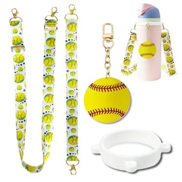 Imagem de Conjunto de acessórios Owala Softball para garrafa de água Owala 680 g, 947 g, 1,134 g, copo, FreeSip – Inclui alça de ombro, alça de alça, anel de silicone, pingente de chaveiro, presentes de softbol