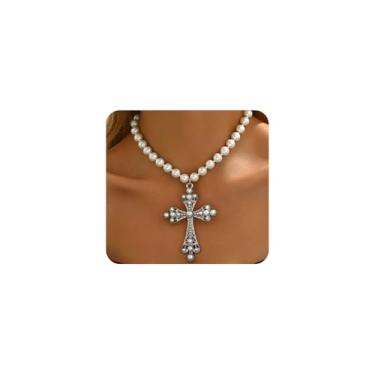 Imagem de Colar de pérolas grandes com contas de cruz para mulheres, góticas, bolas redondas e crucifixo, gargantilha vintage, colar de declaração, joias grandes exageradas, Large, Metal, Sem Pedra Preciosa