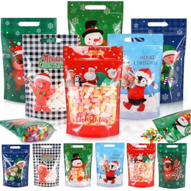 Imagem de Fuutreo 60 peças de sacos de presente de Natal, sacos plásticos transparentes de Natal, sacos selados xadrez de búfalo de Natal com alças para decoração de presentes de doces (fofos)