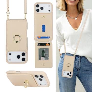 Imagem de Lipvina Capa para iPhone 17 Pro Max com suporte para cartão e alça para mulheres, cordão transversal, suporte de anel, fecho de pressão, capas de carteira de telefone fofas de 6,9 polegadas (bege)