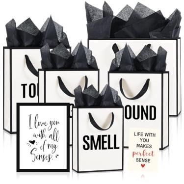 Imagem de Kolldenn 5 sacos de presente 5 sentidos para ele ou ela, sacos Five Senses com alças, papel de seda, envelope kraft, cartão de felicitações para aniversário, casamento, aniversário, presente DIY