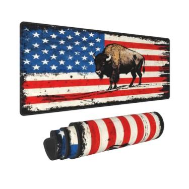 Imagem de CANFLASHION Tapete de mouse com bandeira americana, tapete de mesa de escritório 80 x 28 cm, mouse pad grande para jogos com design de bisão, GG estendido à prova d'água para computador com base de