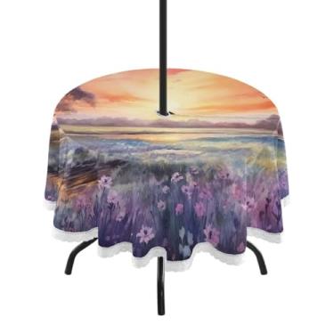 Imagem de Blueangle Toalha de mesa redonda de 152 cm à prova d'água ao ar livre em um campo roxo com orifício para guarda-chuva - Tecido resistente à prova de sol para todos os climas para pátio, acampamento