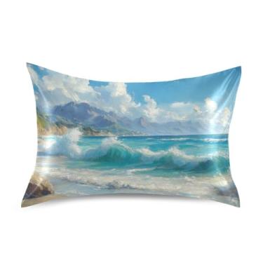 Imagem de Blueangle Fronha de cetim com pintura a óleo do oceano tropical para cabelo e pele, fronha de seda, tamanho Queen (50,8 x 76,2 cm) - Capas de almofada de cetim refrescantes com fecho de envelope (788)