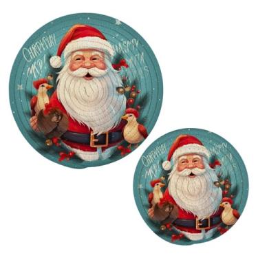 Imagem de Blueangle 2 peças de suporte de panela de tripé de Papai Noel feliz - conjunto de pegadores de panela de tecido redondo - almofadas quentes trançadas de algodão - porta-copos - tapetes de mesa para