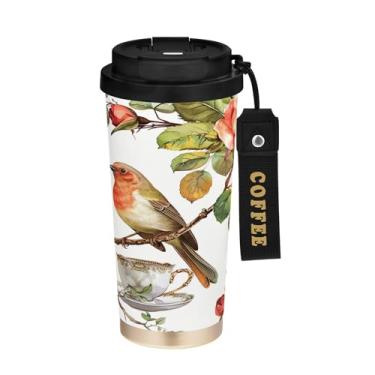Imagem de SEHANY Caneca de café de viagem Flores e pássaros de 482 g com tampa revestida de cerâmica e à prova de vazamento, parede dupla, copo de aço inoxidável isolado a vácuo para bebidas quentes e frias