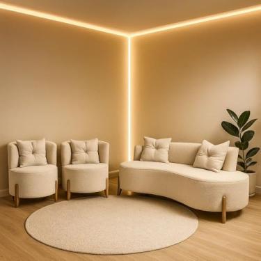 Imagem de Conjunto 2 Poltronas + Sofá Curvo Orgânico Luna Boucle Off White PÃ:copyright:s de Madeira - Montanaris Decor