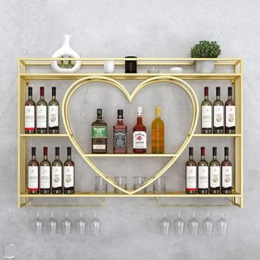 Imagem de HGTRH Conjunto de prateleira de vinho de ferro montado na parede com suportes de taças, prateleiras flutuantes para parede com prateleiras de taça de vinho, prateleira de exibição de garrafa de bar de