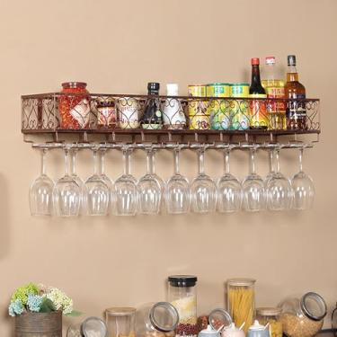 Imagem de HGTRH Rack de vinho montado na parede preto com suporte de vidro, suporte de garrafa de metal pendurado multifuncional rack de exibição de armazenamento de vinho para cozinha, despensa, bar, adega