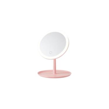 Imagem de Espelho de Maquiagem Com LED, Iluminação Dupla Tonalidade, Alimentação USB, Compacto, Portátil, 18cm Diâmetro, Branca e Rosa, Botão Touch, Base Estável