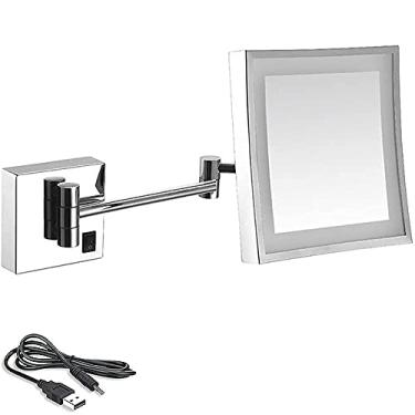 Imagem de Espelho de banheiro de 20 cm montado na parede, espelho de maquiagem recarregável por USB, ampliação de 3x, espelho giratório de 180°, espelho giratório de 180°, espelhos de parede iluminados por LED