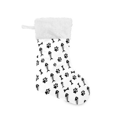 Imagem de Wassud Meia de Natal fofa com punho branco ossos de peixe e estampa de pata 45,7 cm grande para decoração de lareira e cornija de lareira 1 pacote