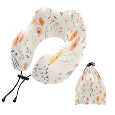 Imagem de CEBUGI Travesseiros de viagem portáteis em forma de U, travesseiro de pescoço de espuma viscoelástica com trava de corda ajustável para avião, viagem, trem, negócios, escritório, soneca (floral