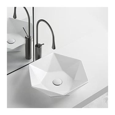 Imagem de YYBOES Pia de banheiro Pia de banheiro Pia de vaso hexagonal de porcelana branca de cerâmica pequena pia de vaso acima do balcão, com ralo pop-up e pia de vaso de torneira
